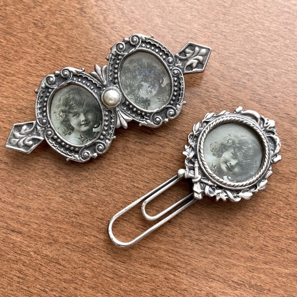 Pewter Double Photo Bar Pin/Brooch & Photo Bookmark - Picture 1 of 6
